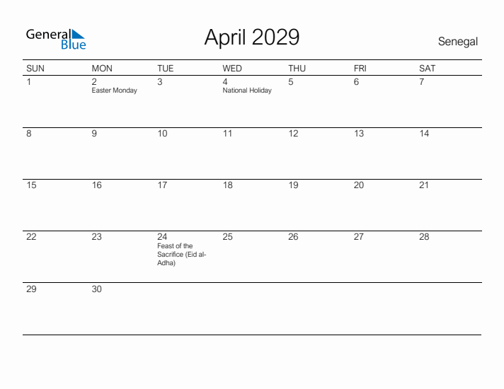Printable April 2029 Calendar for Senegal