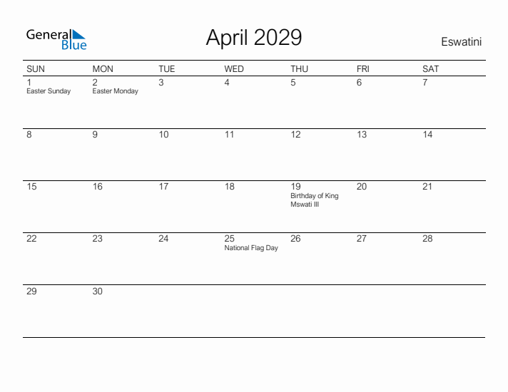 Printable April 2029 Calendar for Eswatini