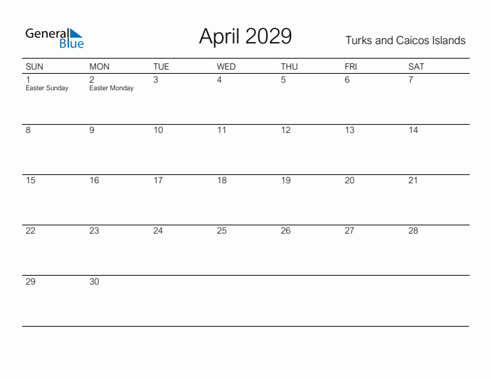 Printable April 2029 Calendar for Turks and Caicos Islands