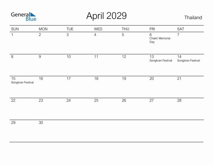 Printable April 2029 Calendar for Thailand