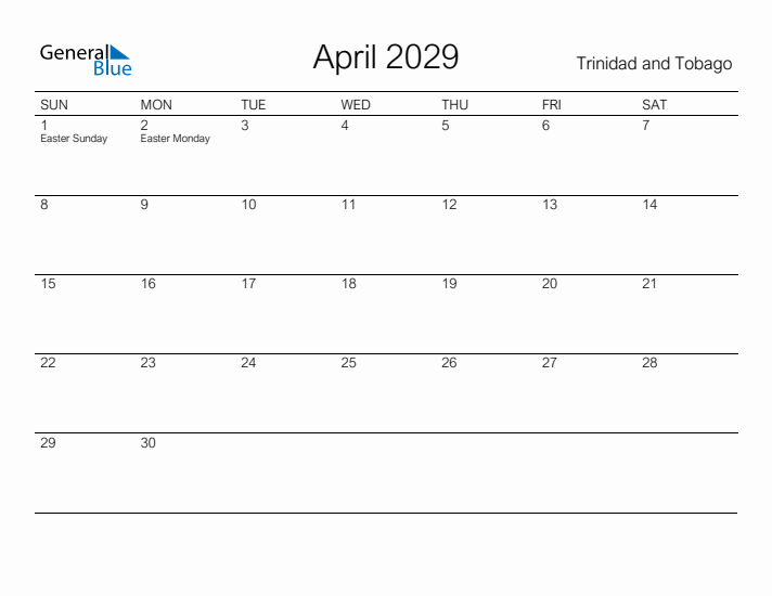Printable April 2029 Calendar for Trinidad and Tobago