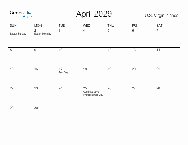 Printable April 2029 Calendar for U.S. Virgin Islands