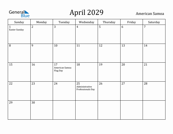 April 2029 Calendar American Samoa