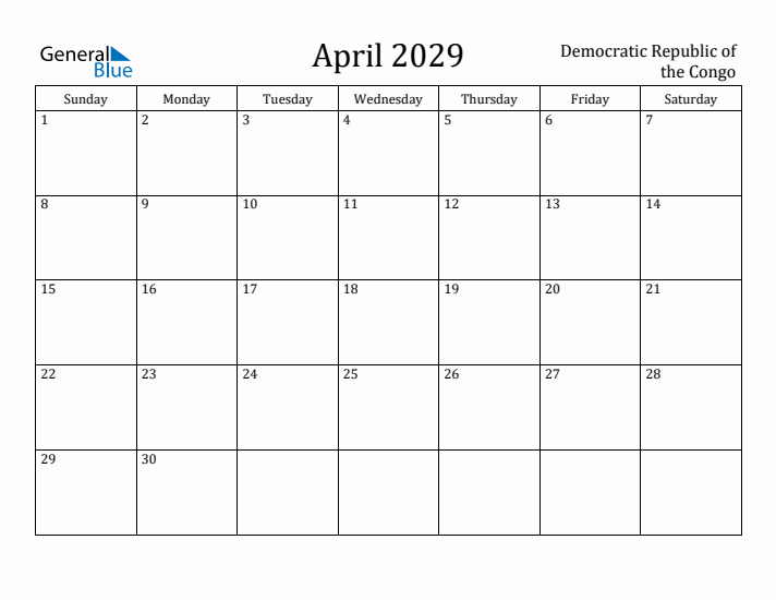 April 2029 Calendar Democratic Republic of the Congo