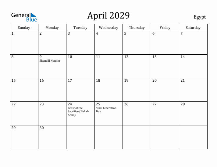 April 2029 Calendar Egypt