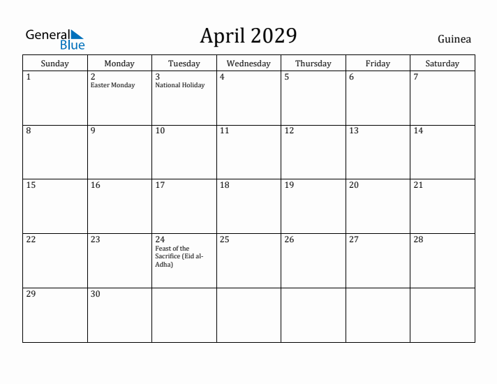 April 2029 Calendar Guinea