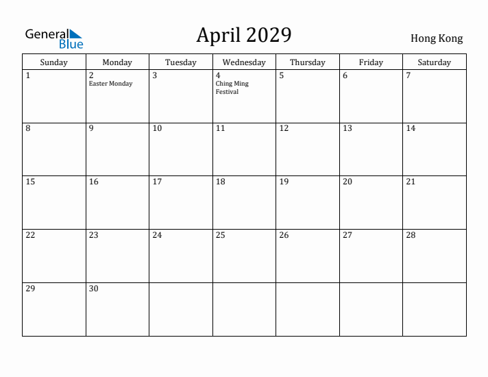 April 2029 Calendar Hong Kong