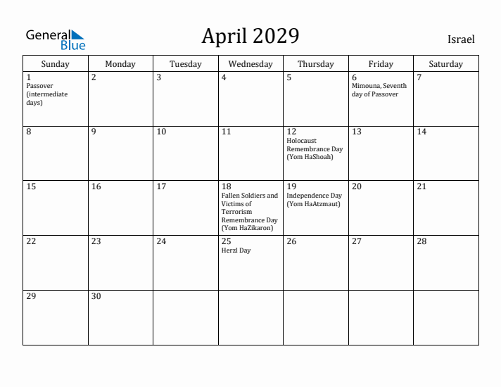April 2029 Calendar Israel