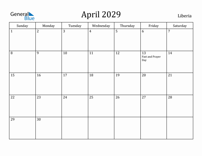 April 2029 Calendar Liberia
