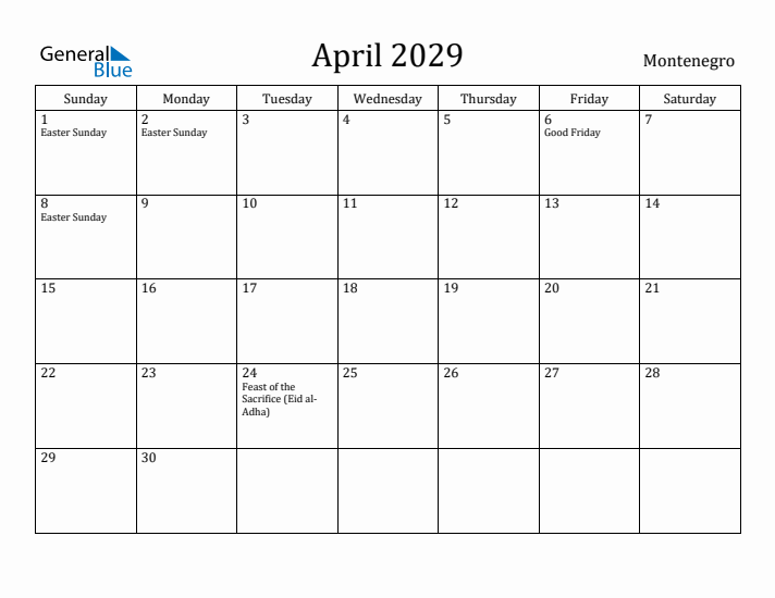 April 2029 Calendar Montenegro