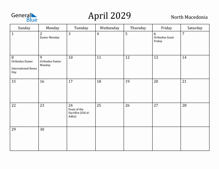 April 2029 Calendar North Macedonia