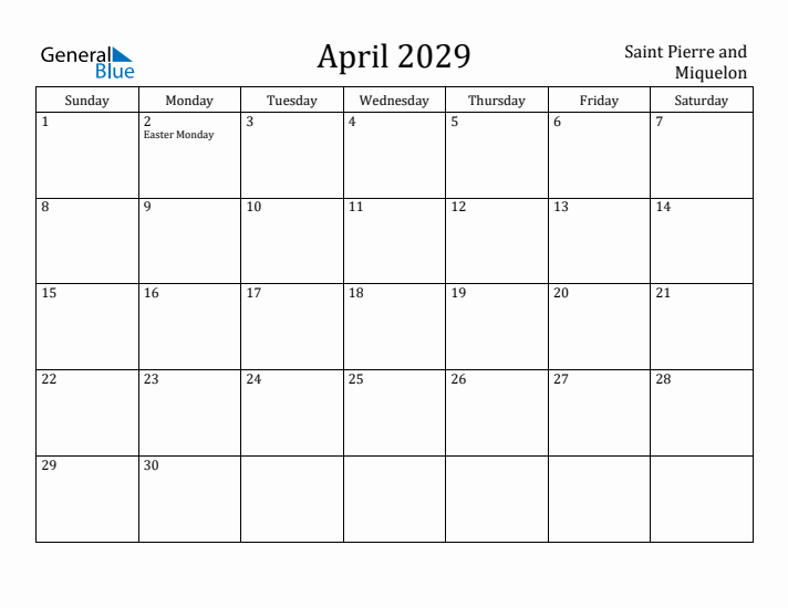 April 2029 Calendar Saint Pierre and Miquelon