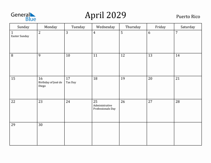 April 2029 Calendar Puerto Rico