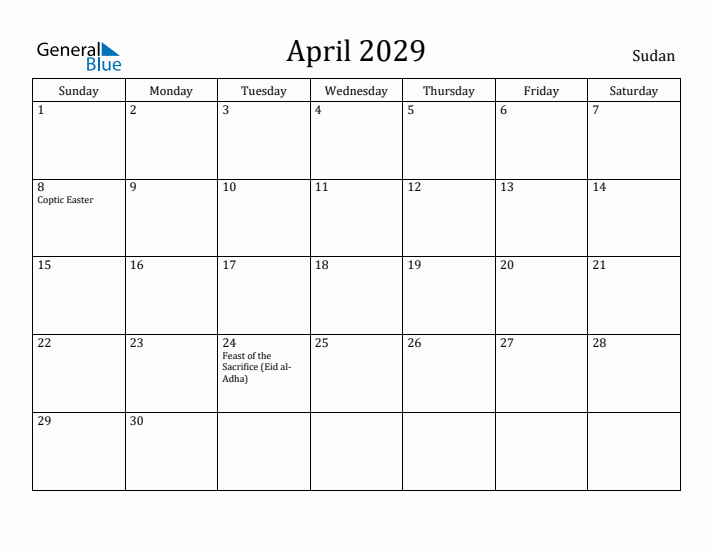 April 2029 Calendar Sudan