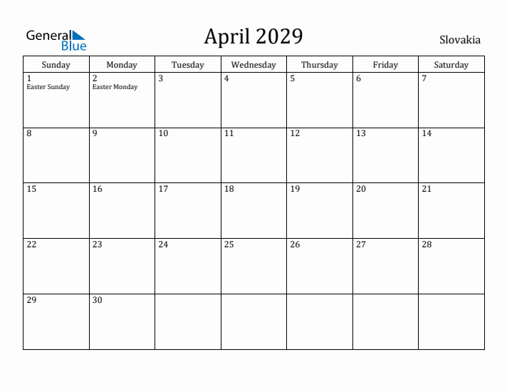 April 2029 Calendar Slovakia