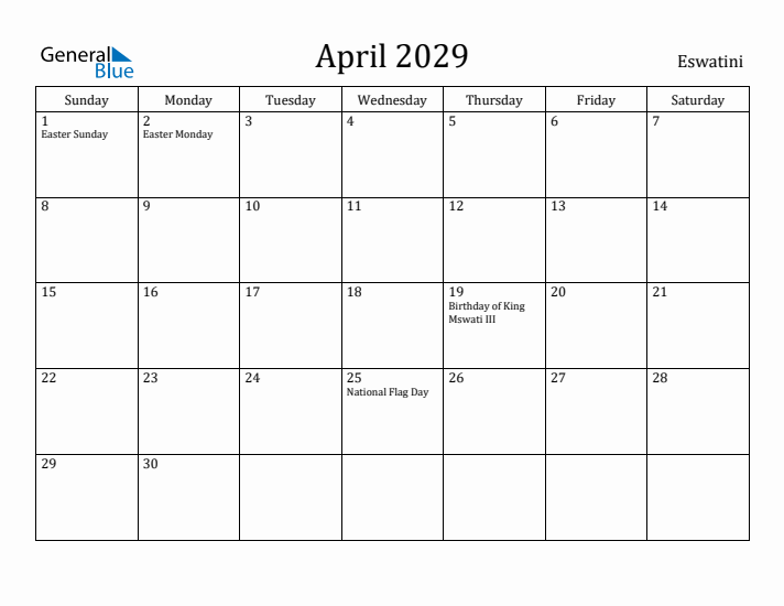 April 2029 Calendar Eswatini