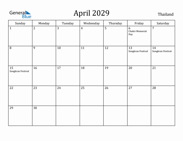 April 2029 Calendar Thailand