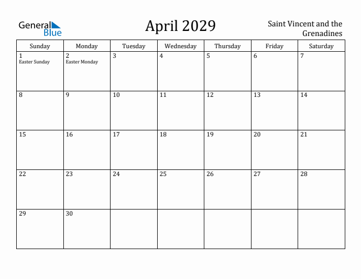 April 2029 Calendar Saint Vincent and the Grenadines