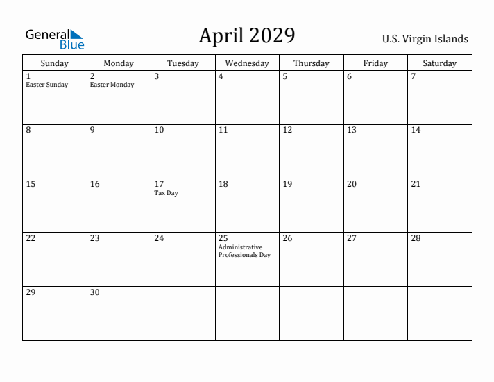 April 2029 Calendar U.S. Virgin Islands