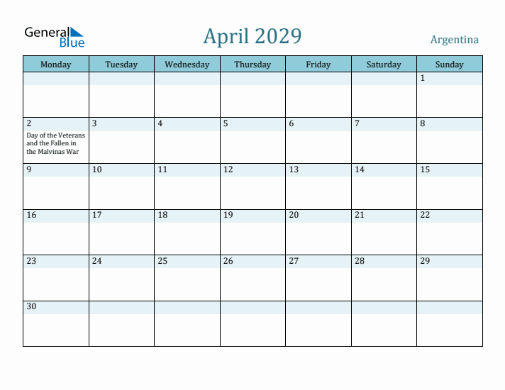 April 2029 Calendar with Holidays
