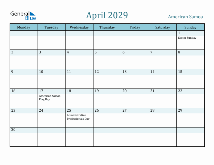 April 2029 Calendar with Holidays