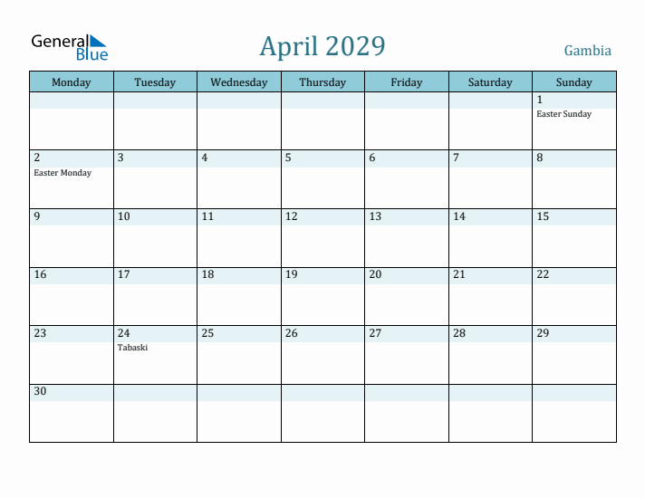April 2029 Calendar with Holidays