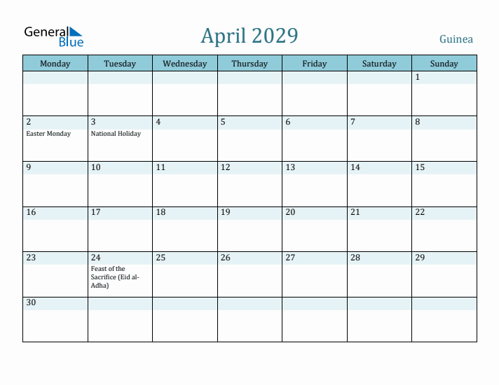 April 2029 Calendar with Holidays