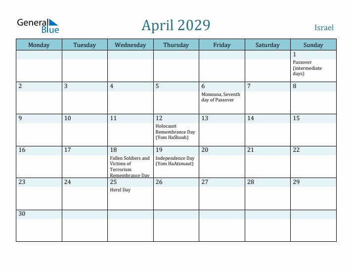 April 2029 Calendar with Holidays