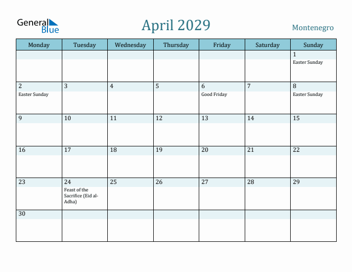 April 2029 Calendar with Holidays
