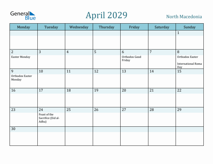 April 2029 Calendar with Holidays