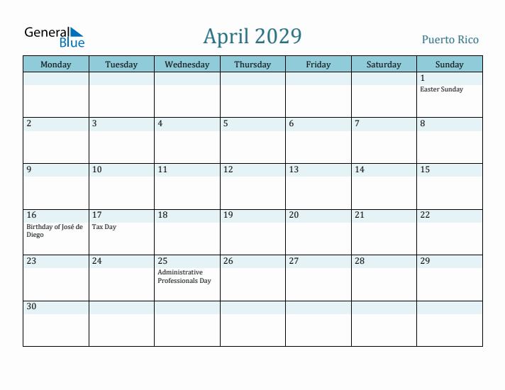 April 2029 Calendar with Holidays