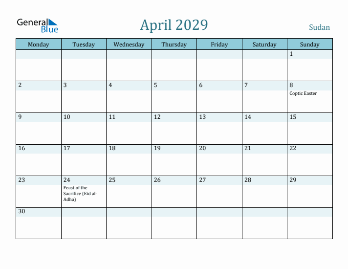 April 2029 Calendar with Holidays