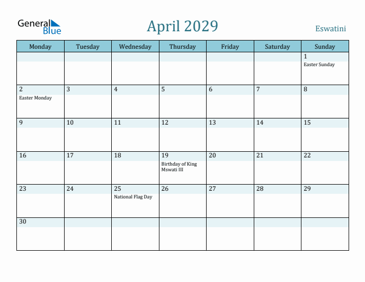 April 2029 Calendar with Holidays