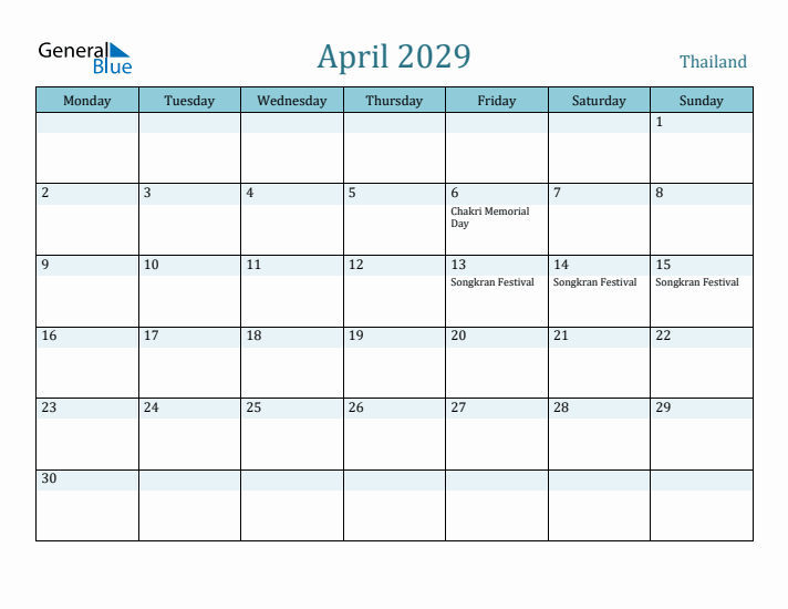 April 2029 Calendar with Holidays