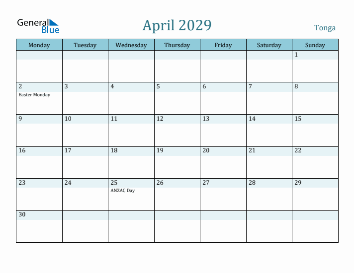 April 2029 Calendar with Holidays