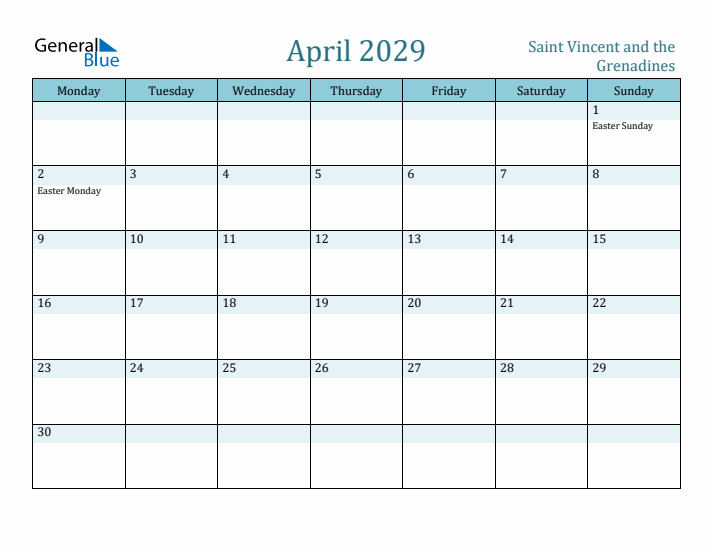April 2029 Calendar with Holidays