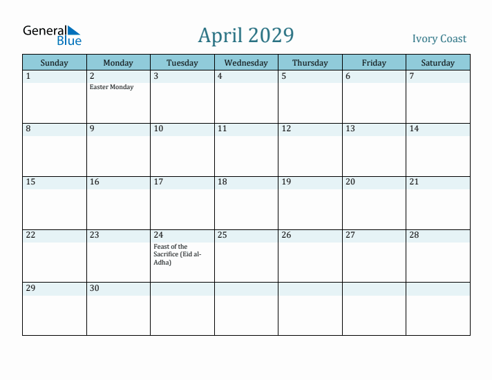 April 2029 Calendar with Holidays