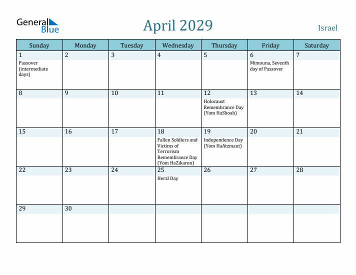 April 2029 Calendar with Holidays