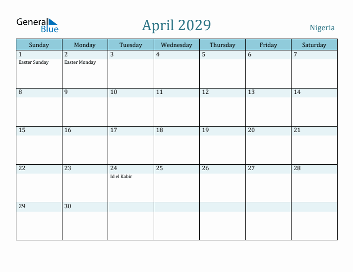April 2029 Calendar with Holidays