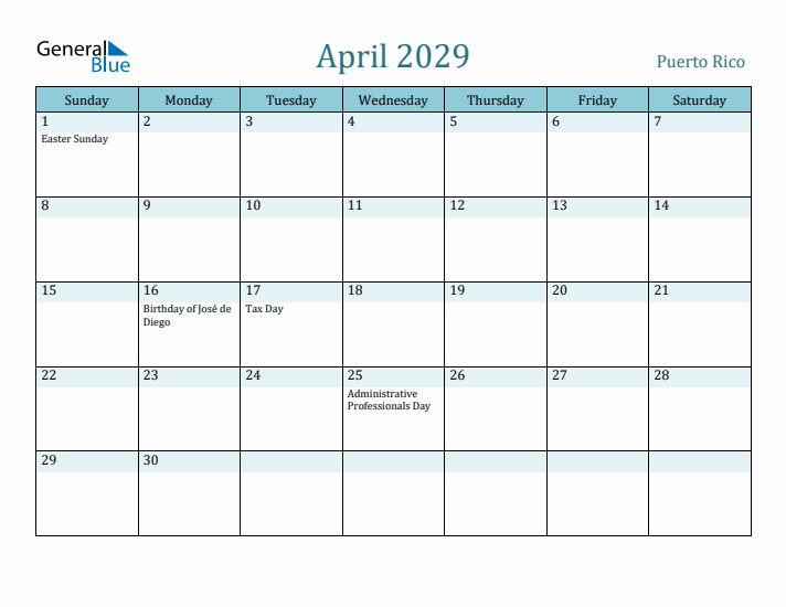 April 2029 Calendar with Holidays