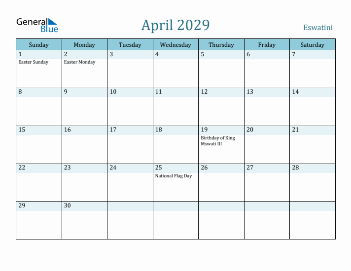April 2029 Calendar with Holidays