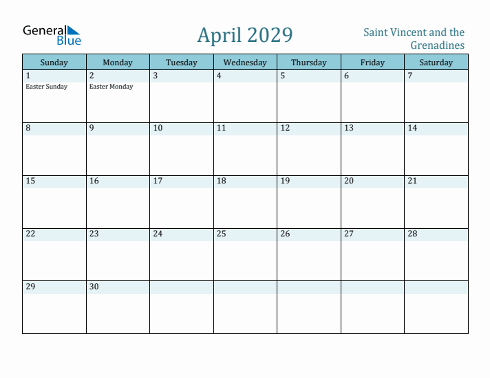 April 2029 Calendar with Holidays