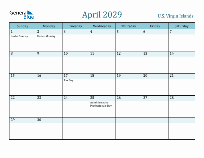 April 2029 Calendar with Holidays