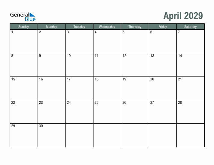 Free Printable April 2029 Calendar