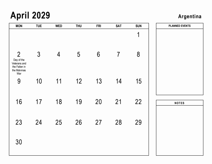 April 2029 Printable Monthly Calendar with Argentina Holidays