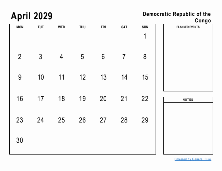 April 2029 Printable Monthly Calendar with Democratic Republic of the Congo Holidays