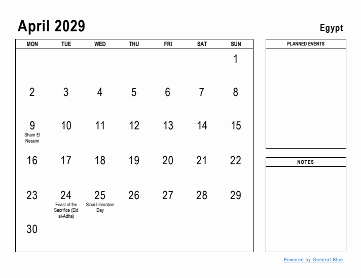 April 2029 Printable Monthly Calendar with Egypt Holidays
