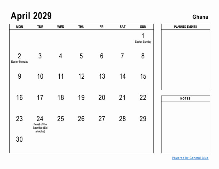 April 2029 Printable Monthly Calendar with Ghana Holidays