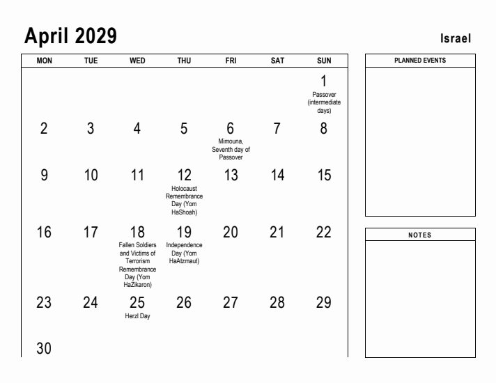 April 2029 Printable Monthly Calendar with Israel Holidays