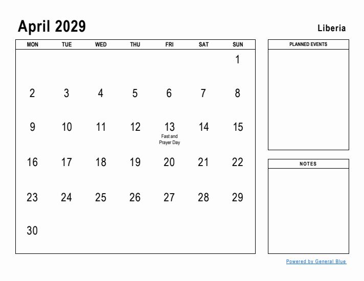 April 2029 Printable Monthly Calendar with Liberia Holidays